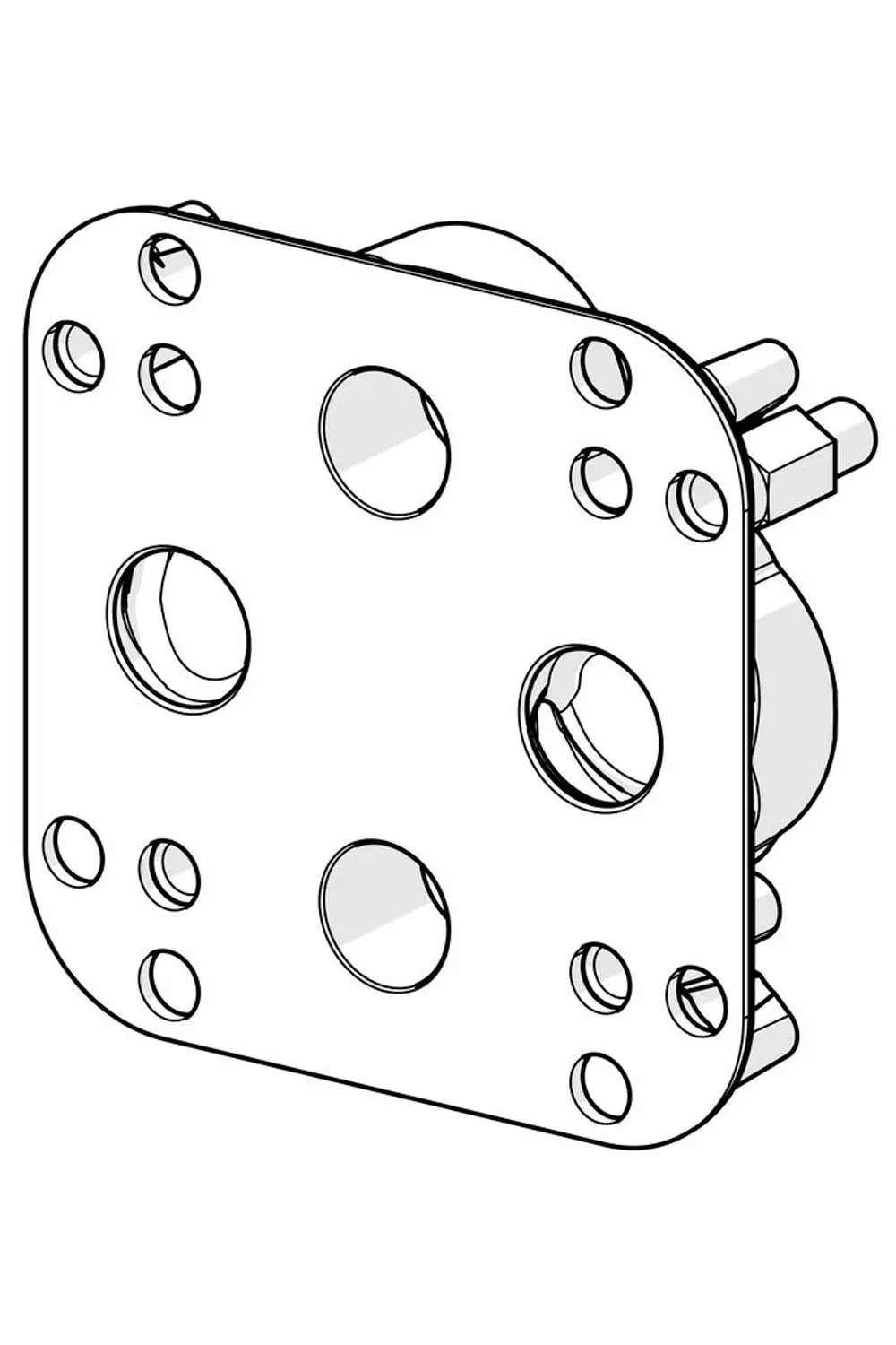 Adapter von HANSA mit mehreren Durchlässen und Befestigungslöchern, geeignet für verschiedene Installationen. Designt für den Austausch und die Anpassung von Sanitärsystemen.